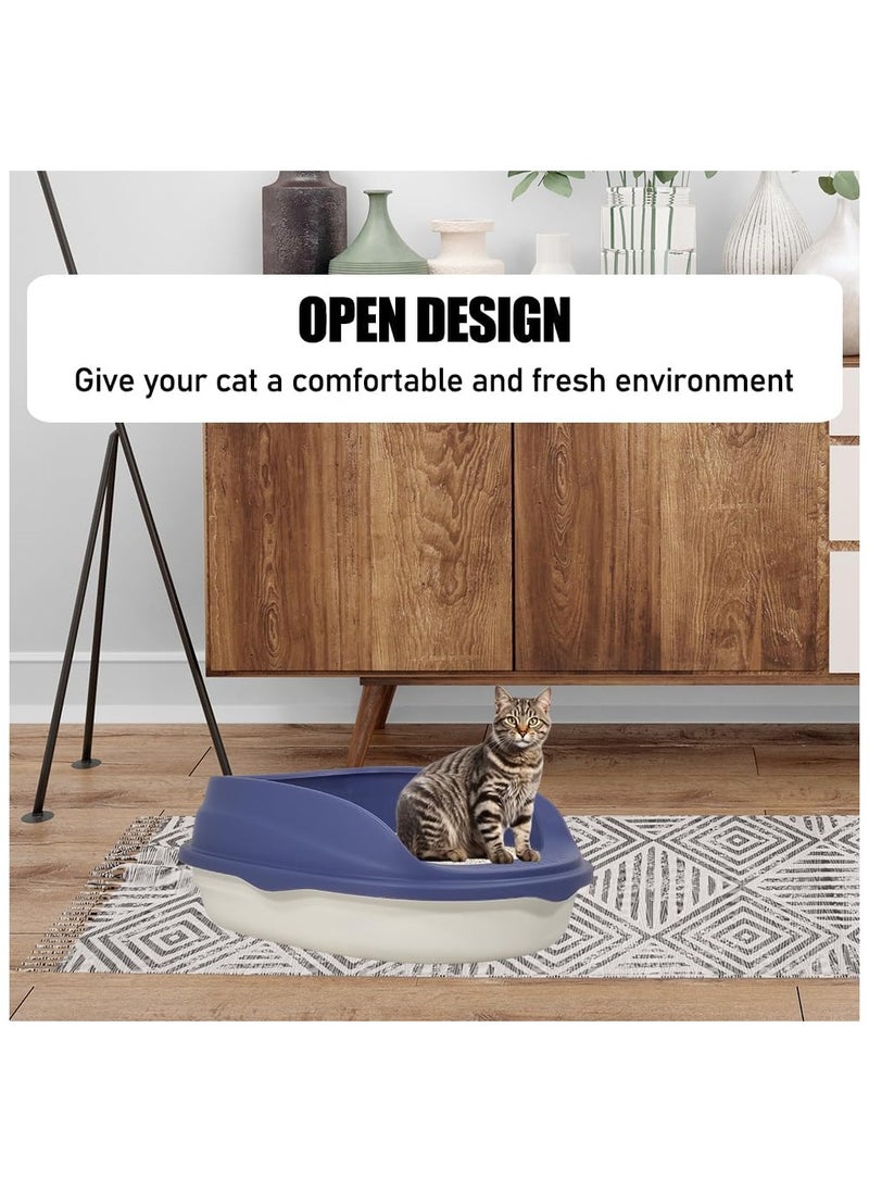 Semi-enclosed litter box with litter scoop, Anti-splashing, Suitable for medium sized cat, Easy to clean and detachable fence, Open top high sided litter box 37 cm L (Blue and White Color)