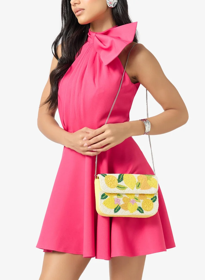 Embroidered Beaded Lemon Print Crossbody
