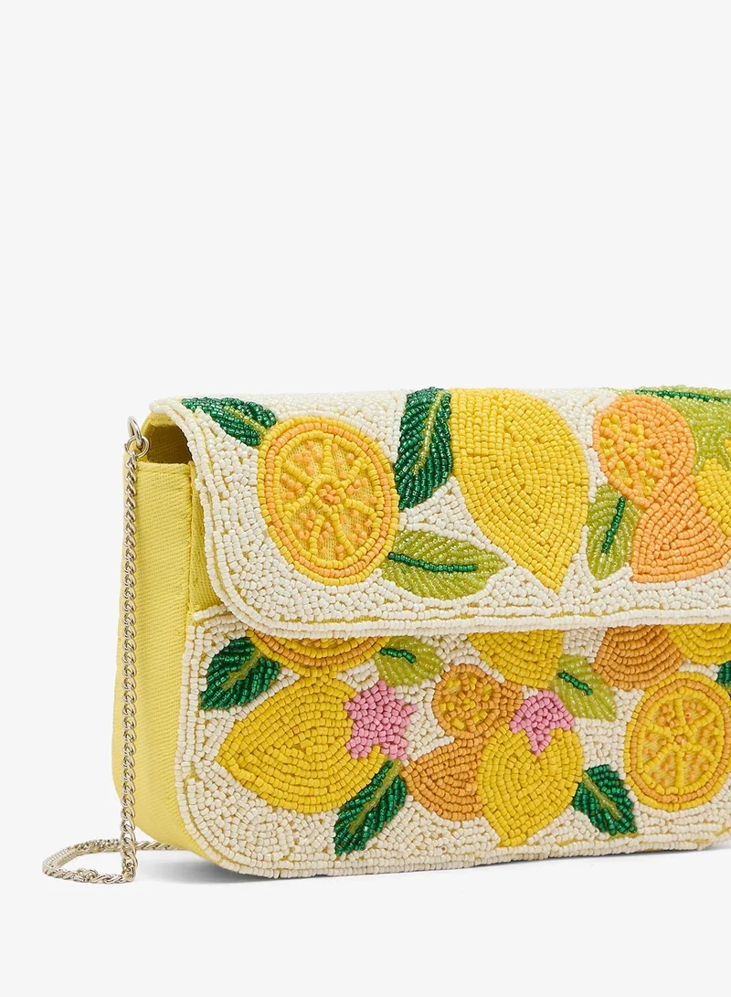 Ginger Boutique Yellow Embroidered Beaded Lemon Print Crossbody for Women | Best Price UAE