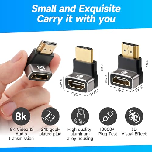 Togconn 8K 90 Degree HDMI 2.1 Adapter 2 Pack, (Up and Down) Right Angle HDMI Male to Female HDMI L-Shaped Connector Extender Support 8K@60Hz,4K@120Hz for Google Chrome Cast, Roku Stick, Wall TV, Laptop and PC - Image 3