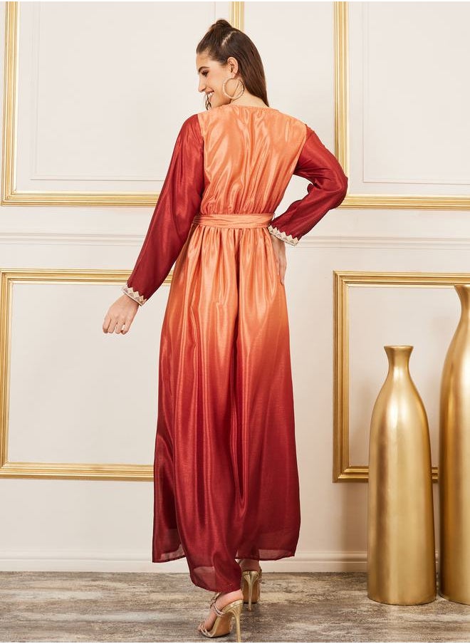 Styli - Ombre Print Lace Detail Kaftan with Self Tie Up - Image 1