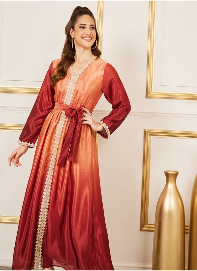 Styli - Ombre Print Lace Detail Kaftan with Self Tie Up - Image 1
