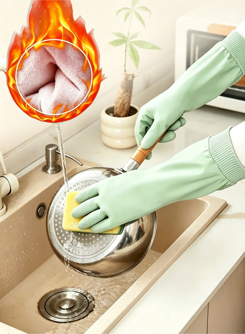 LuckSa Kitchen Dishwashing Gloves Thick Fleece Lined Rubber Latex Household Gloves Waterproof Long Warm Cleaning Gloves for Laundry Washing Dishes Gardening - Image 1