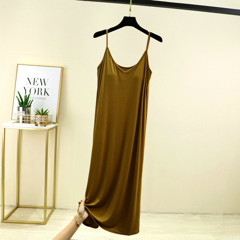 Womens One-piece V-neck Sling Base Skirt with Chest Pad Summer Long Nightgown Home Skirt Outer Wearing Dress Turmeric