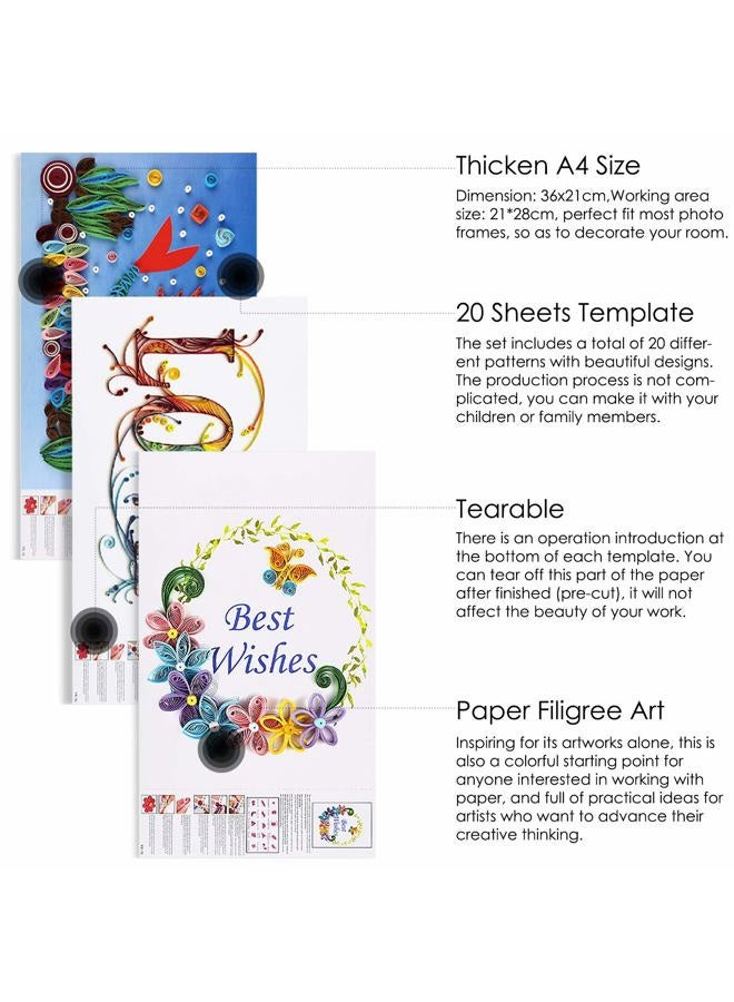 Rancco 20 Pcs Quilling Paper Stencils + 10 Pcs PVC Sheets, A4 Quilling Art Template Paper Filigree Pattern Origami Template, Wall Art Filigree - Image 5