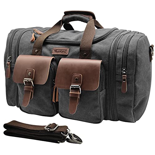 Wildroad 50L Travel Duffel Bag, Expandable Canvas Genuine Leather Duffle Bag Upgraded Overnight Weekender Carry on Bag - Image 1