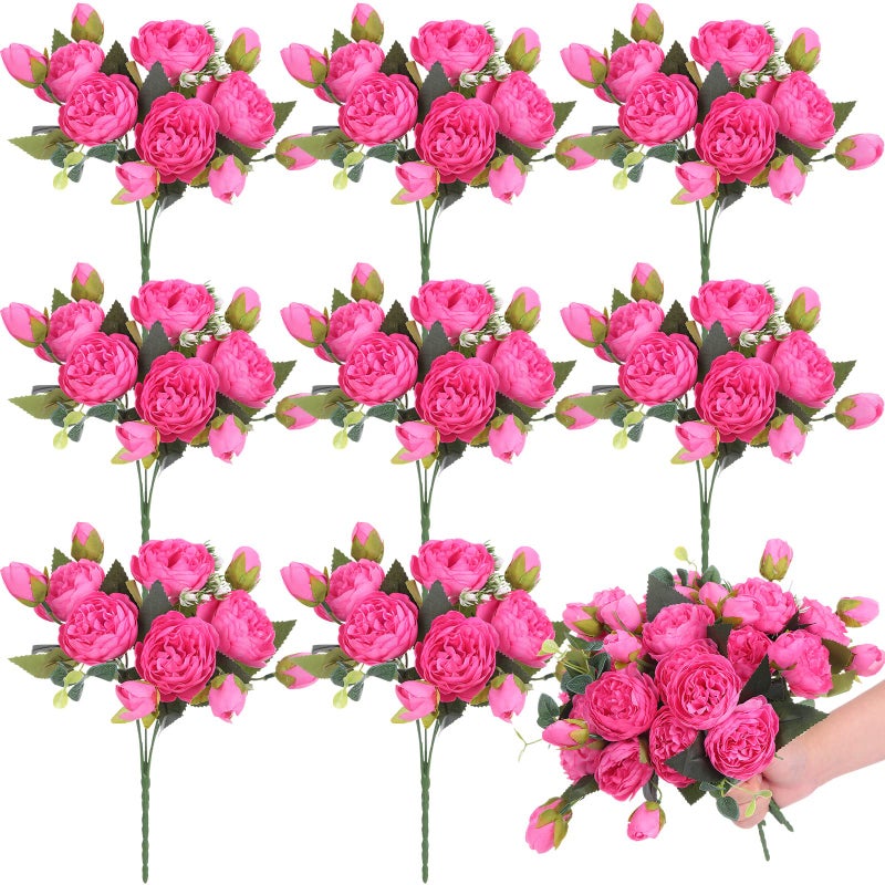 Yunsailing 8 Pack Artificial Peony Flowers Faux Silk Hydrangea Bouquet Wedding Home Table Decor Reusable Bouquet of Rose Flower for Birthday WeddingRose Red