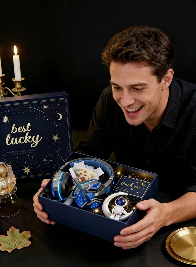 Nestvel Gaming Headset Gift Set with LED Lights, Astronaut Night Light & Dried Flower Bouquet - Best Lucky Premium Gift Box for Gamers, Boys, Men, Birthday & Holiday - Image 2