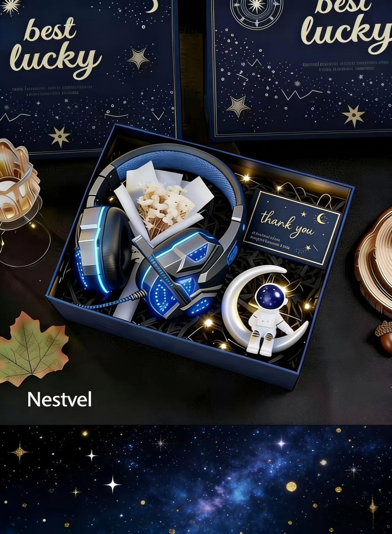 Nestvel Gaming Headset Gift Set with LED Lights, Astronaut Night Light & Dried Flower Bouquet - Best Lucky Premium Gift Box for Gamers, Boys, Men, Birthday & Holiday - Image 1