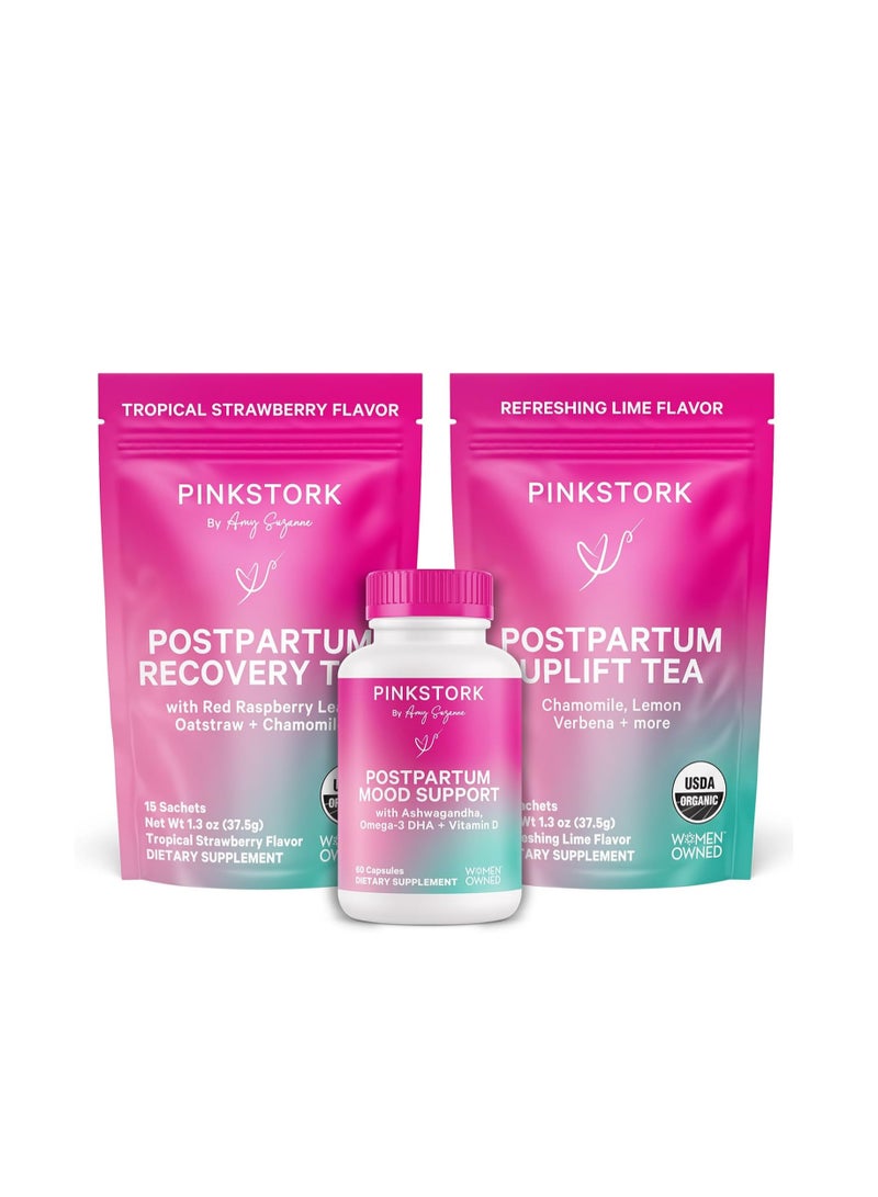 بينك ستروك أساسيات ما بعد الولادة لتوازن الهرمونات والتعافي ودعم الحالة المزاجية للنساء - فيتامينات ما بعد الولادة مع أشواغاندا وشاي أوراق التوت وشاي البابونج - هدايا للأمهات الجدد - مجموعة من 3 قطع - Image 1