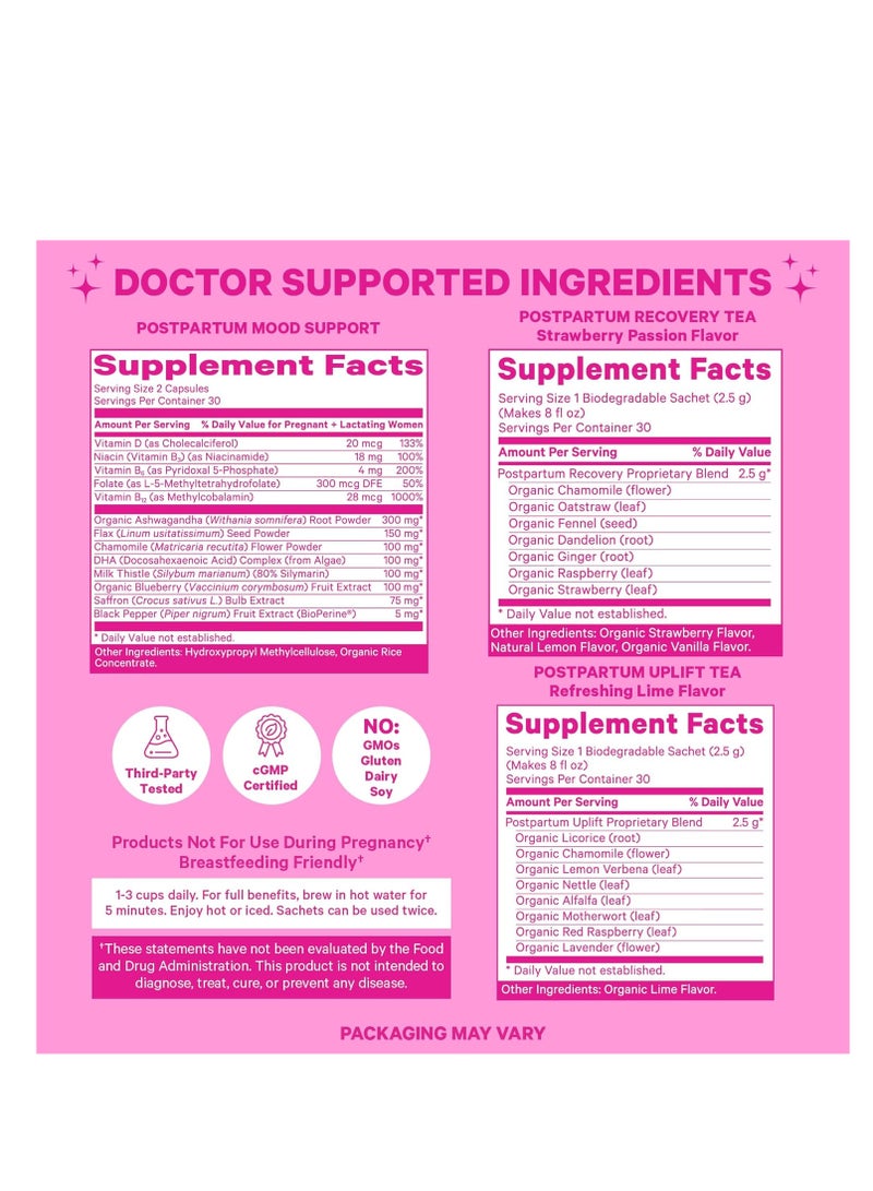 بينك ستروك أساسيات ما بعد الولادة لتوازن الهرمونات والتعافي ودعم الحالة المزاجية للنساء - فيتامينات ما بعد الولادة مع أشواغاندا وشاي أوراق التوت وشاي البابونج - هدايا للأمهات الجدد - مجموعة من 3 قطع - Image 5
