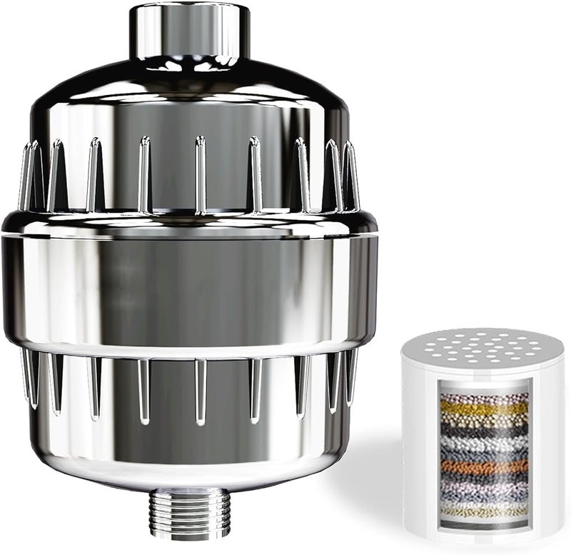 AMINAC 25-Stage Shower Filter, Shower Head Filter for Hard Water with 2 Replaceable Filter Cartridges, Shower Water Filters to Remove Chlorine and Fluoride, Polished Chrome - Image 1