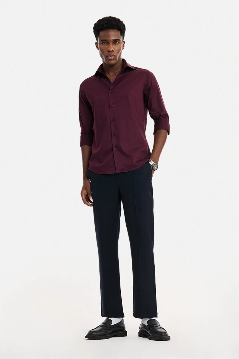SNITCH Navy Blue Textured Straight Fit Formal Trousers