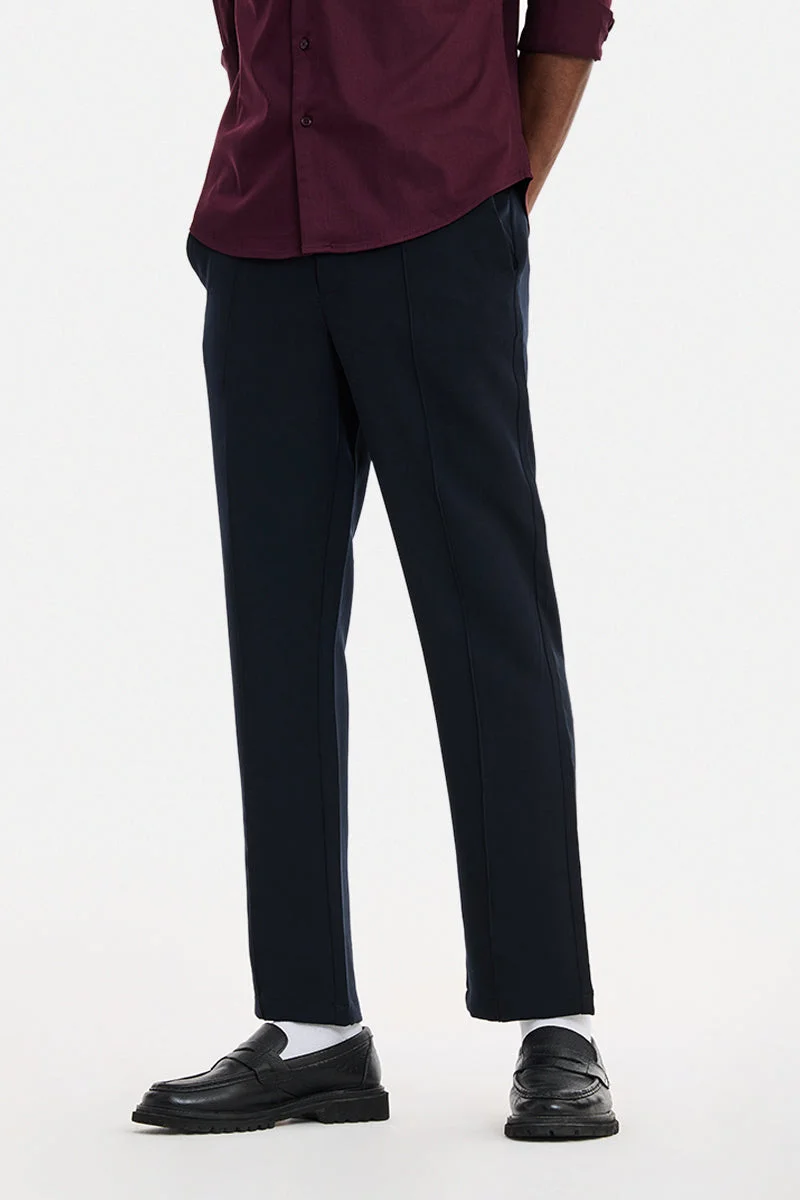 SNITCH Navy Blue Textured Straight Fit Formal Trousers