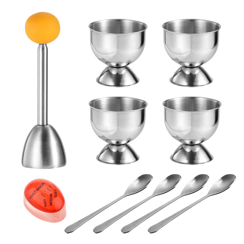 MOLFUJ MOLFUJ Egg Cup Topper Set, 4 Stainless Steel Egg Cups for Soft Boiled Eggs with Spoons, Egg Shell Opener & Egg Timer, - Image 1