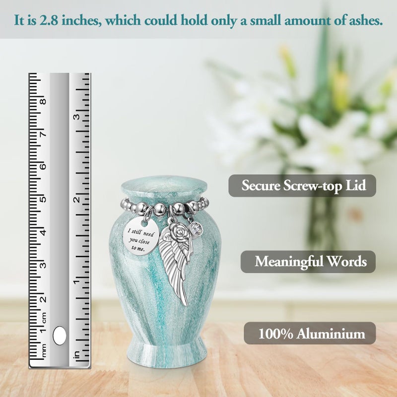 XIUDA Memorials Small Urns for Human Ashes Keepsake Aluminum Mini Urns for Ashes with Angel Wing Charm Decorative Burial Urn Funeral Cremation Urns for Women and Men (Light Green) - Image 2