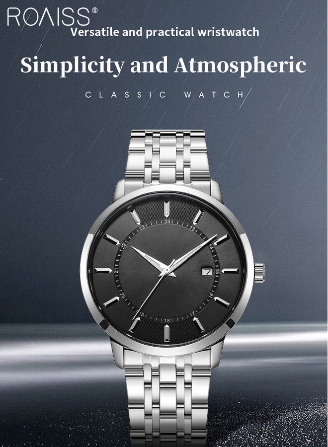 رويس ساعة رجالية كلاسيكية من الكوارتز بسوار فولاذي، شاشة تناظرية، قرص أسود دائري مع نافذة للتقويم، ساعة يد فاخرة بسيطة مضيئة ومقاومة للماء، هدية للرجال - Image 2