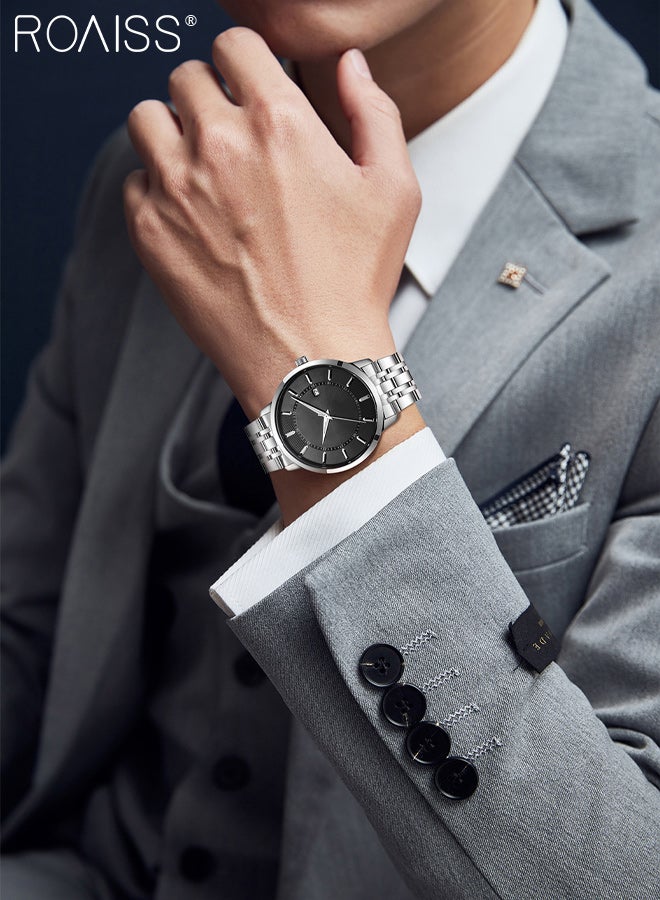 رويس ساعة رجالية كلاسيكية من الكوارتز بسوار فولاذي، شاشة تناظرية، قرص أسود دائري مع نافذة للتقويم، ساعة يد فاخرة بسيطة مضيئة ومقاومة للماء، هدية للرجال - Image 3