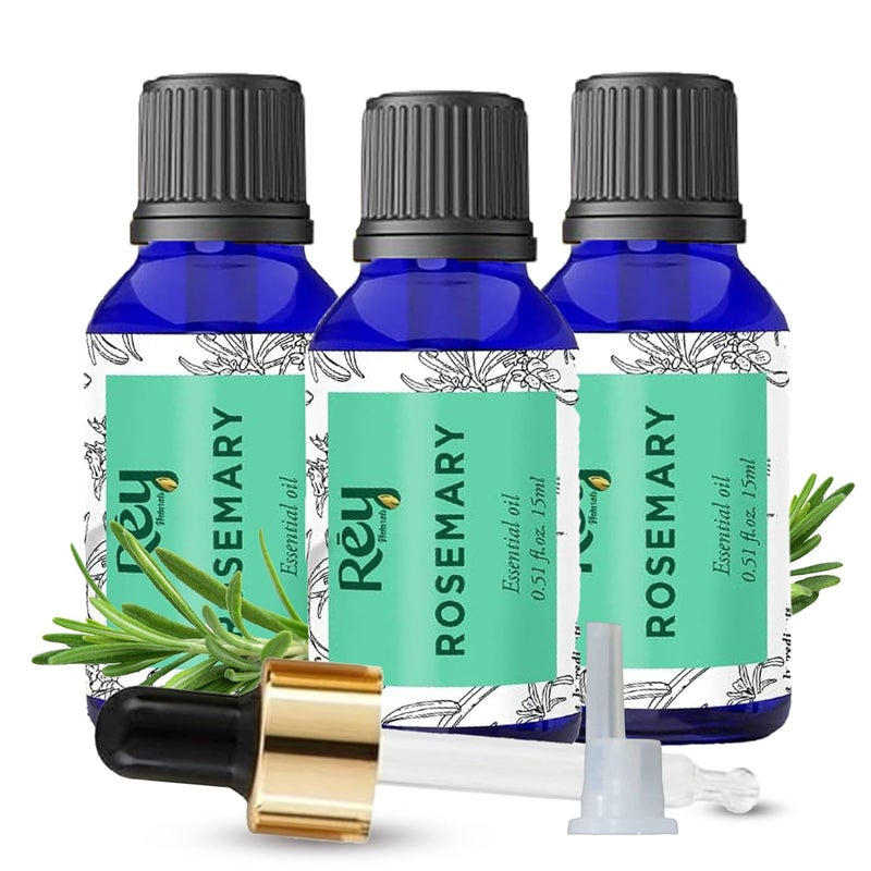 Rey Naturals Rey Naturals Rosemary Essential Oil  Rosemary Oil for Hair Growth  Good For Skin Body and Shiny Soft Hair  Pure  Non Greasy  Hair Fall Control  Hair Growth Oil For Women  Men  15ml pack of 3 - Image 1