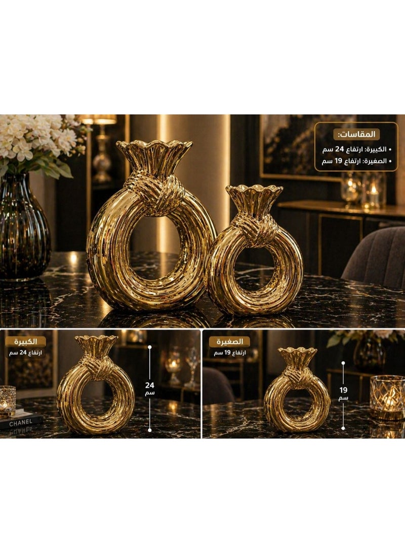 Modern Gold Ceramic Decorative Vase Set – 2 Pieces (Large & Small Ring Design) - Image 1