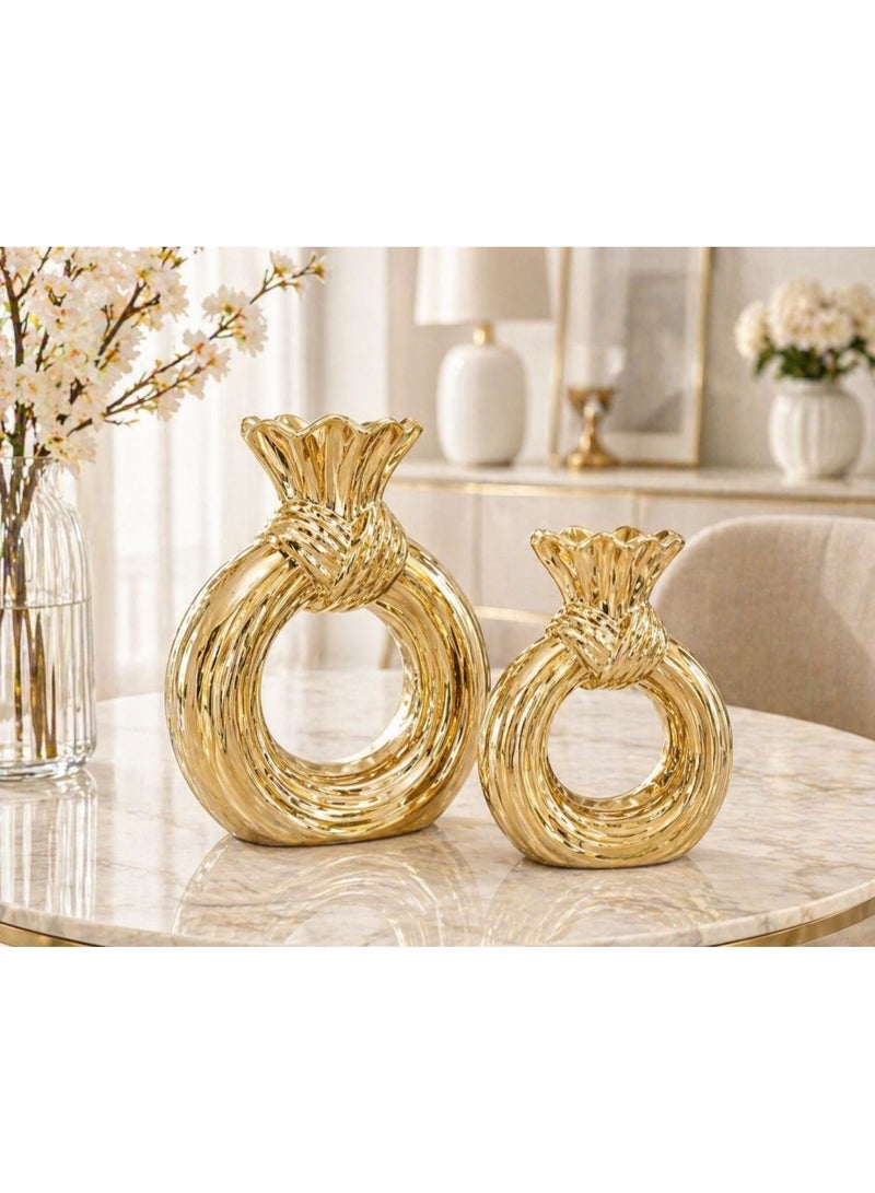 Modern Gold Ceramic Decorative Vase Set – 2 Pieces (Large & Small Ring Design) - Image 2