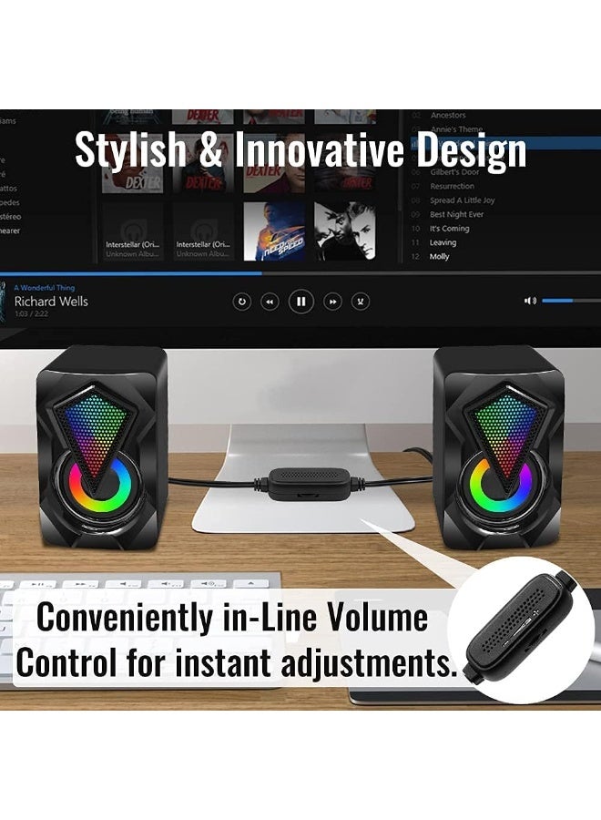 سماعات كمبيوتر، سماعات سطح مكتب صغيرة ستيريو 2.0 تعمل بمنفذ USB مع إضاءة LED ملونة، سماعات وسائط متعددة للألعاب بمنفذ 3.5 ملم للكمبيوتر المحمول والشاشات - Image 2