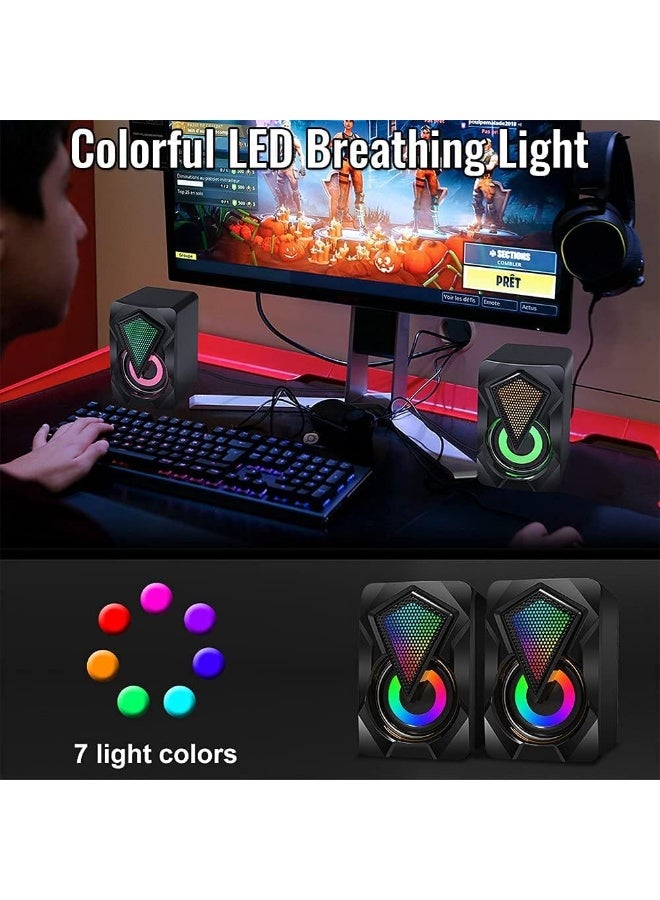 سماعات كمبيوتر، سماعات سطح مكتب صغيرة ستيريو 2.0 تعمل بمنفذ USB مع إضاءة LED ملونة، سماعات وسائط متعددة للألعاب بمنفذ 3.5 ملم للكمبيوتر المحمول والشاشات - Image 3
