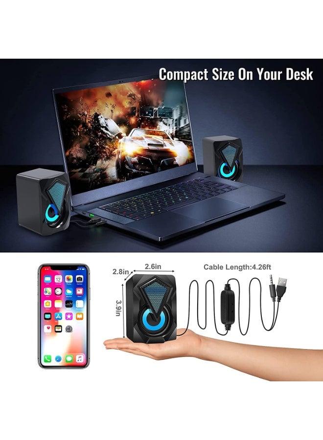 سماعات كمبيوتر، سماعات سطح مكتب صغيرة ستيريو 2.0 تعمل بمنفذ USB مع إضاءة LED ملونة، سماعات وسائط متعددة للألعاب بمنفذ 3.5 ملم للكمبيوتر المحمول والشاشات - Image 4