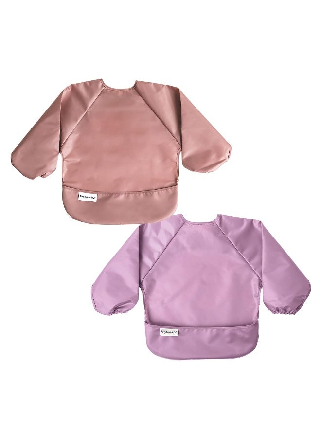 Tiny Twinkle Mess Proof Baby Bibs, 2pk Waterproof Smock Baby Bibs for Eating, Machine Washable Long Sleeve Bibs, Baby Led Weaning, Toddler Bibs, BLW Supplies (Taupe Lilac, Small 6-24 Months) - Image 1