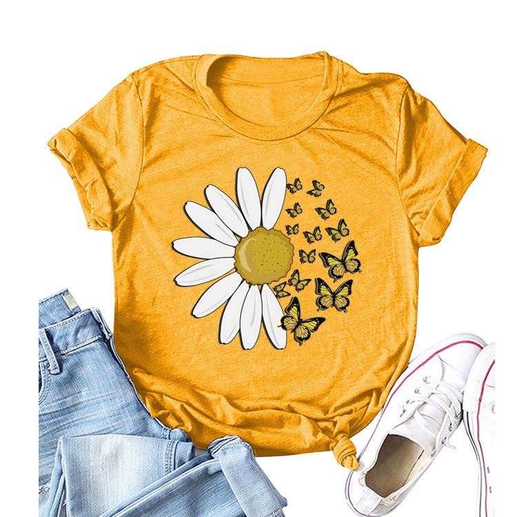 Independent Station Cross-border Foreign Trade Daisy Butterfly Fashion Round Neck Letter Print Top Women's Short Sleeve T-Shirt Light gray(color map) S - Image 4