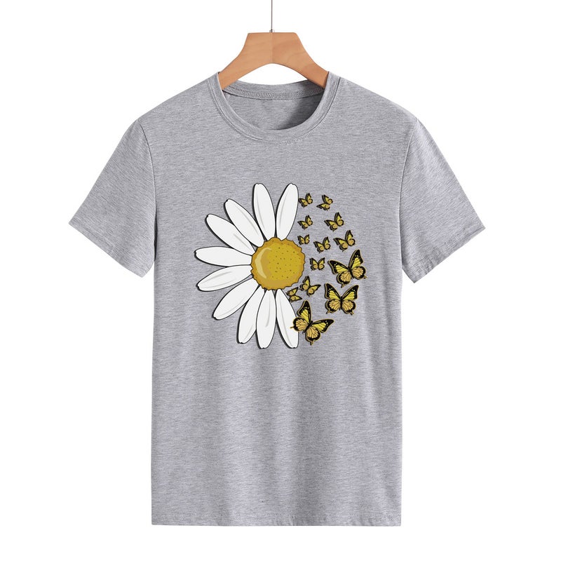 Independent Station Cross-border Foreign Trade Daisy Butterfly Fashion Round Neck Letter Print Top Women's Short Sleeve T-Shirt Light gray(color map) S - Image 1