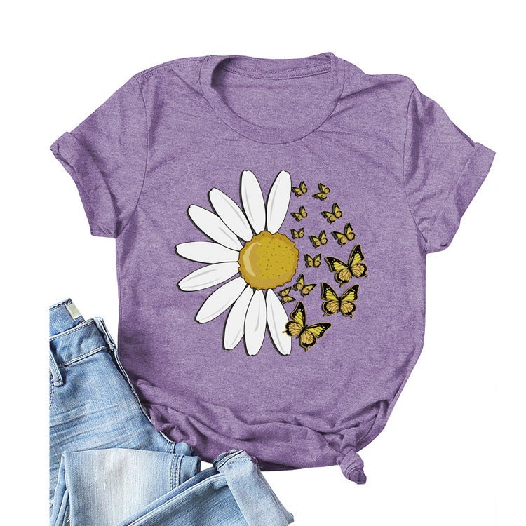 Independent Station Cross-border Foreign Trade Daisy Butterfly Fashion Round Neck Letter Print Top Women's Short Sleeve T-Shirt Light gray(color map) S - Image 5