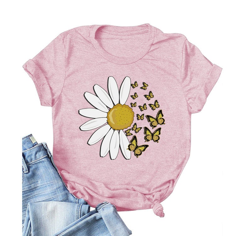 Independent Station Cross-border Foreign Trade Daisy Butterfly Fashion Round Neck Letter Print Top Women's Short Sleeve T-Shirt Light gray(color map) S - Image 3
