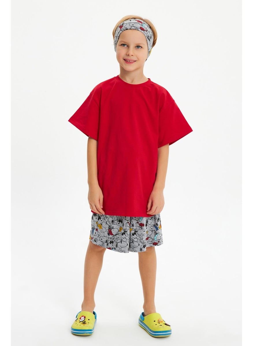 Babygiz Gray Patterned-Red Boy's Cotton Combed Oversize Red T-Shirt Gray Bandana 2-Piece Set  - Image 5
