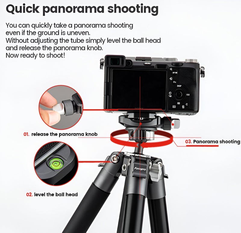 Fotopro Fly-1 5ft Portable Travel Tripod | Lightweight Aluminum with Arca-Type Ball Lock Head with QR Plate for DSLR Camera,Phone Mount for Selfie Vlog | Payload 5Kg | Slate Gray - Image 3