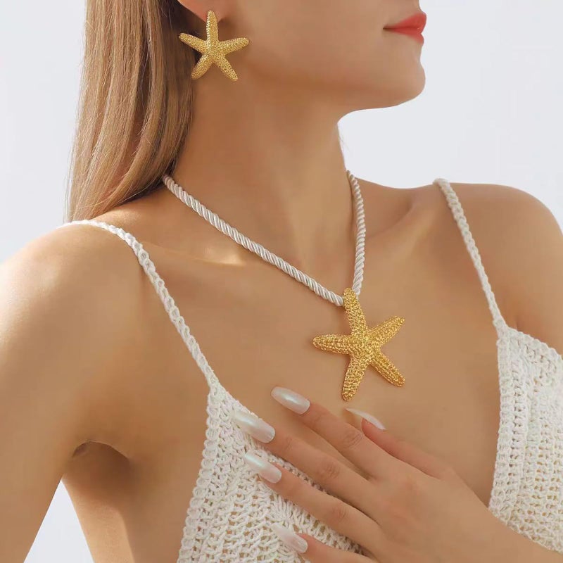 Bocar Gold Starfish Pendant Necklace Earring for Women Starfish Rope Chain Necklace Set Beach Choker Necklace (NK-10761-Starfish) - Image 2