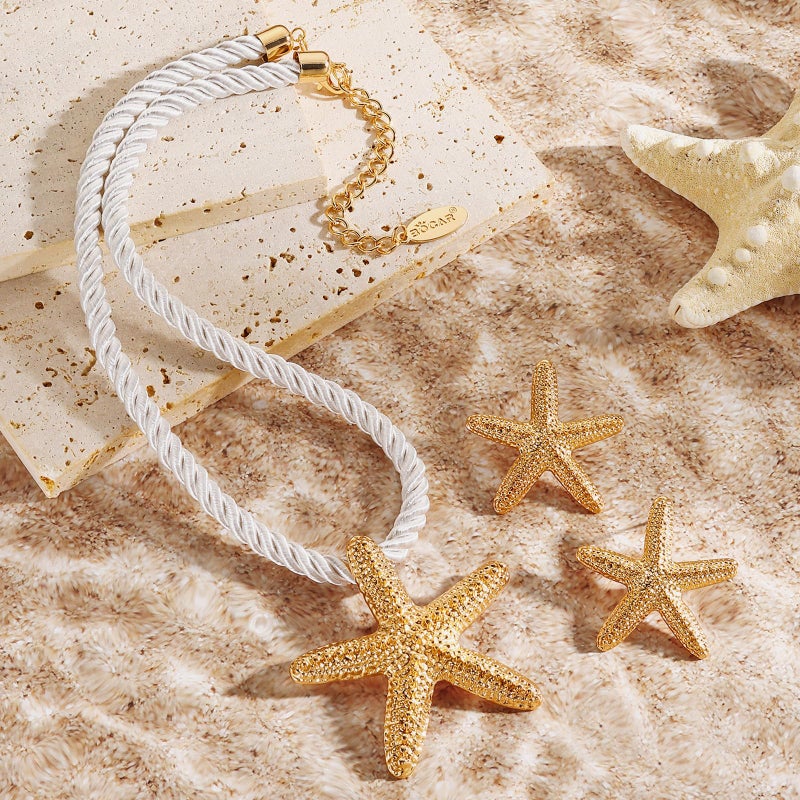 Bocar Gold Starfish Pendant Necklace Earring for Women Starfish Rope Chain Necklace Set Beach Choker Necklace (NK-10761-Starfish) - Image 3