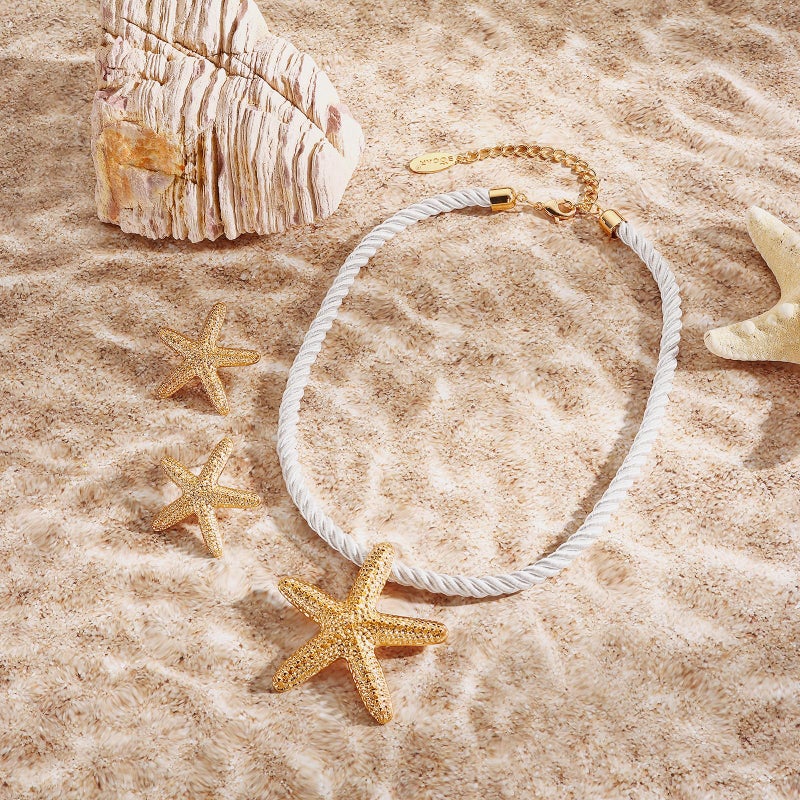 Bocar Gold Starfish Pendant Necklace Earring for Women Starfish Rope Chain Necklace Set Beach Choker Necklace (NK-10761-Starfish) - Image 5
