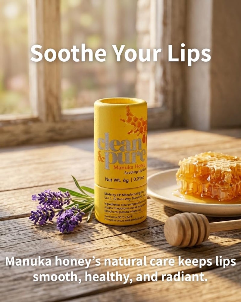 Clean & Pure Manuka Honey Lip Balm Soothing – 100% Natural, Manuka Honey & Vitamin E for Hydration, Healing & Lip Protection, 6g - Image 1
