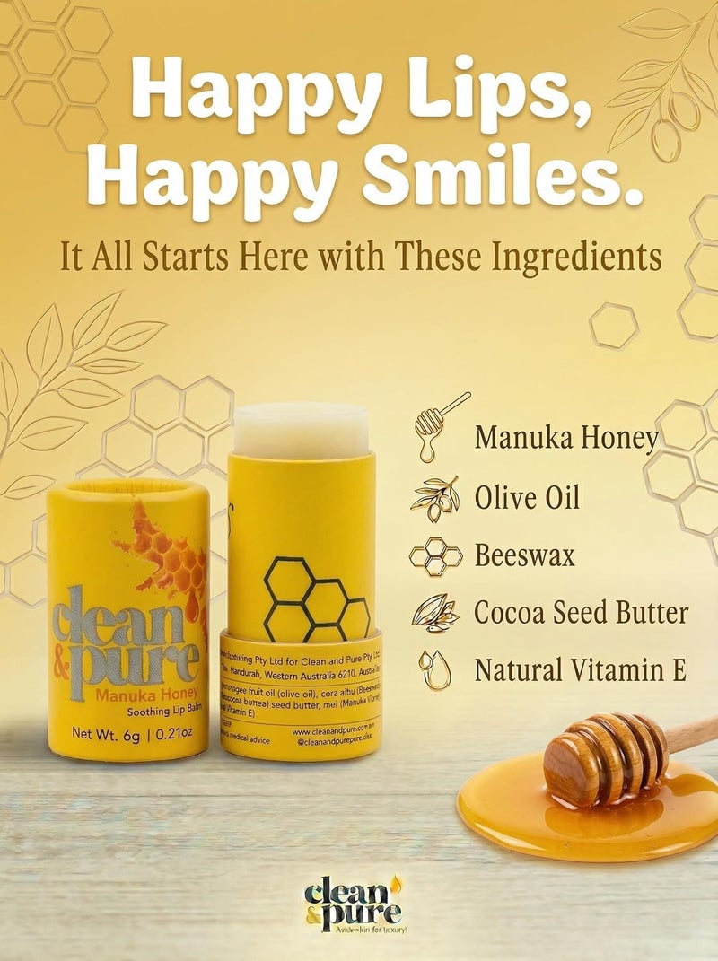 Clean & Pure Manuka Honey Lip Balm Soothing – 100% Natural, Manuka Honey & Vitamin E for Hydration, Healing & Lip Protection, 6g - Image 2
