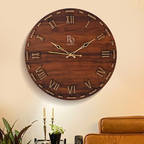 REGIIS OPERA Wooden Round Shape Roman Dial Wall Clock with Golden Hands & Golden Jute Rope Detailing | Silent Quartz Movement Anti Reflection Analog Vintage Clock for Home & Office (Brown, 15.5 Inch) - Image 1