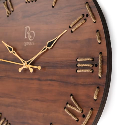 REGIIS OPERA Wooden Round Shape Roman Dial Wall Clock with Golden Hands & Golden Jute Rope Detailing | Silent Quartz Movement Anti Reflection Analog Vintage Clock for Home & Office (Brown, 15.5 Inch) - Image 5