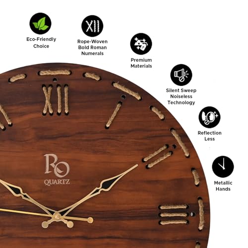 REGIIS OPERA Wooden Round Shape Roman Dial Wall Clock with Golden Hands & Golden Jute Rope Detailing | Silent Quartz Movement Anti Reflection Analog Vintage Clock for Home & Office (Brown, 15.5 Inch) - Image 3