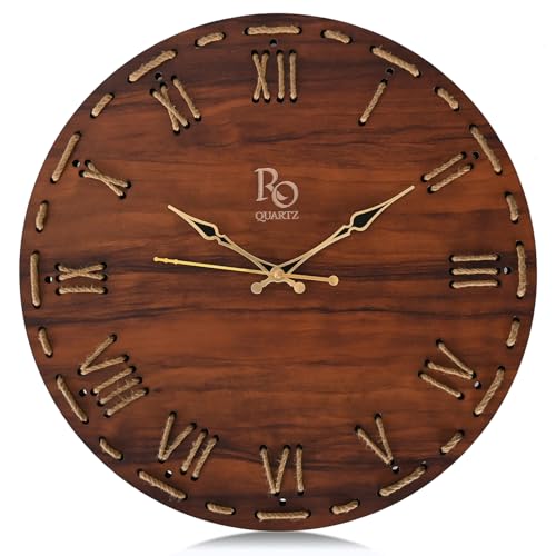 REGIIS OPERA Wooden Round Shape Roman Dial Wall Clock with Golden Hands & Golden Jute Rope Detailing | Silent Quartz Movement Anti Reflection Analog Vintage Clock for Home & Office (Brown, 15.5 Inch) - Image 2