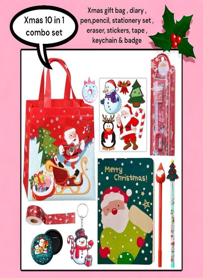 Le Delite Xmas Stationery Gift Pack for Kids - Set of 10 Cute Christmas Items Including Pen, Pencil, Diary, Eraser, Keychain & More | Gift Bag for Children - Image 2