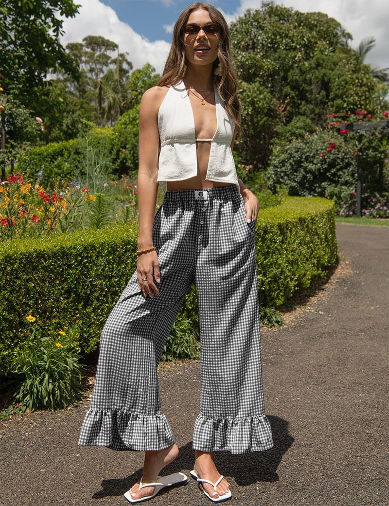 TARSE Womenâ€™s Plaid Wide Leg Pants Linen Flared Leg Baggy Drawstring Ruffle Palazzo Pants with Pockets(DarkGrayWhitePlaid, S) - Image 2