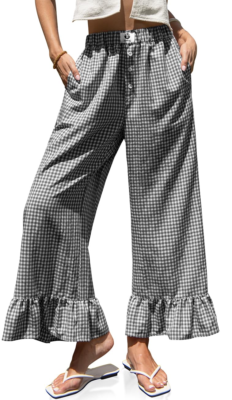TARSE Womenâ€™s Plaid Wide Leg Pants Linen Flared Leg Baggy Drawstring Ruffle Palazzo Pants with Pockets(DarkGrayWhitePlaid, S) - Image 1