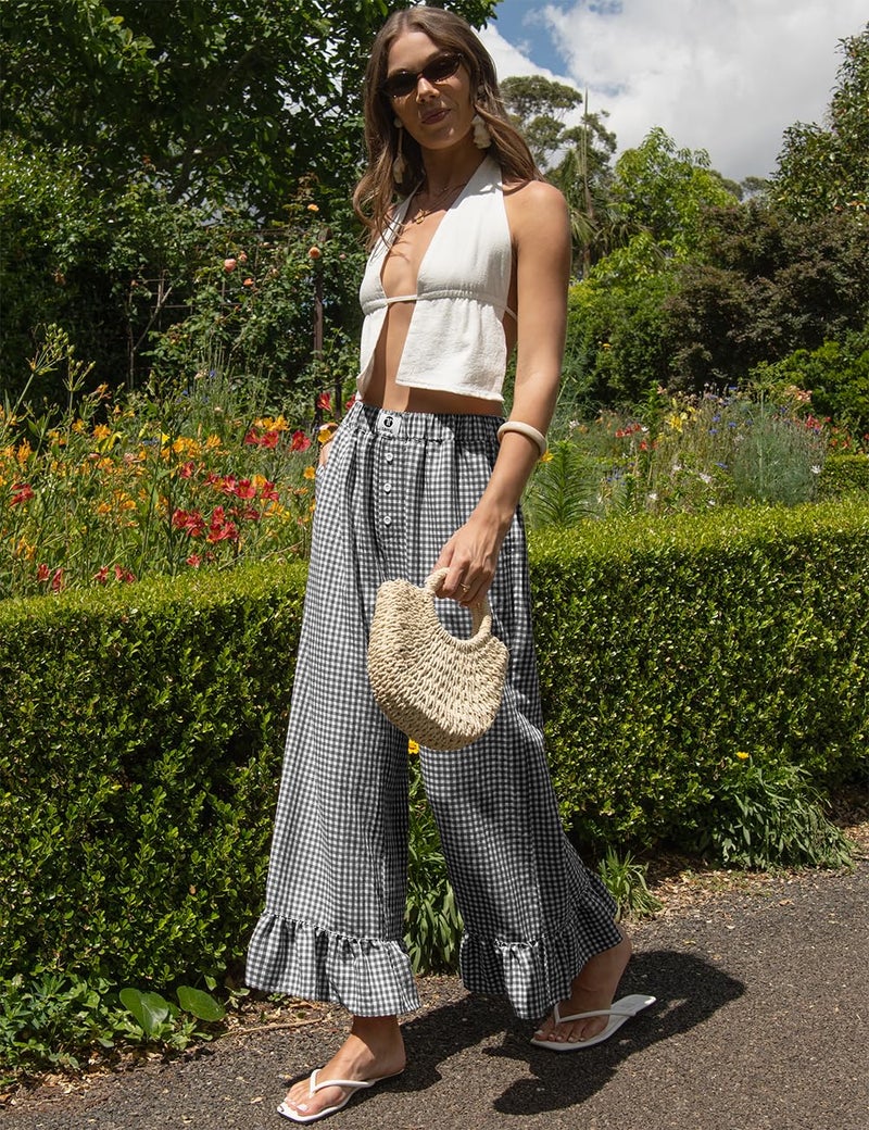 TARSE Womenâ€™s Plaid Wide Leg Pants Linen Flared Leg Baggy Drawstring Ruffle Palazzo Pants with Pockets(DarkGrayWhitePlaid, S) - Image 4