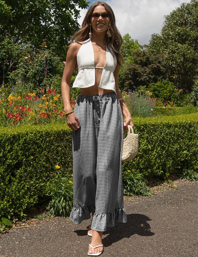 TARSE Womenâ€™s Plaid Wide Leg Pants Linen Flared Leg Baggy Drawstring Ruffle Palazzo Pants with Pockets(DarkGrayWhitePlaid, S) - Image 3