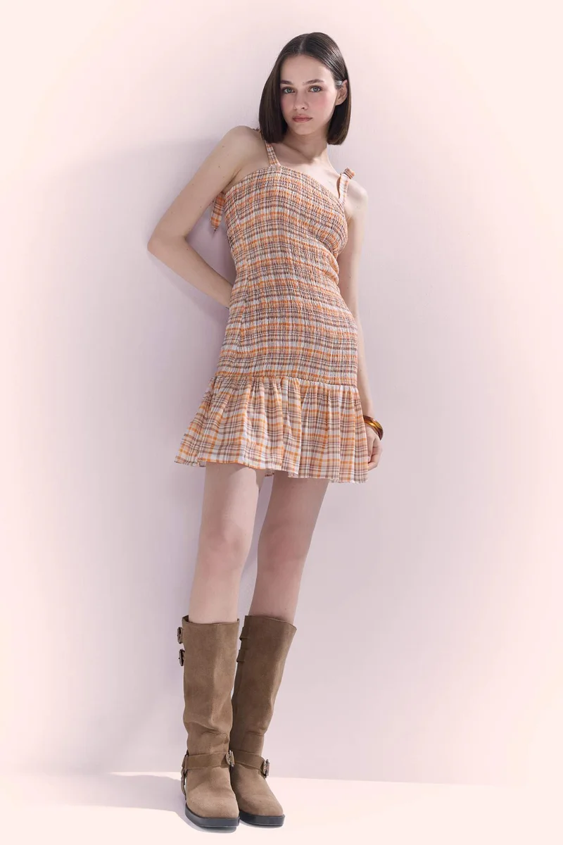ديفاكتو Strap Plaid Mini Dress